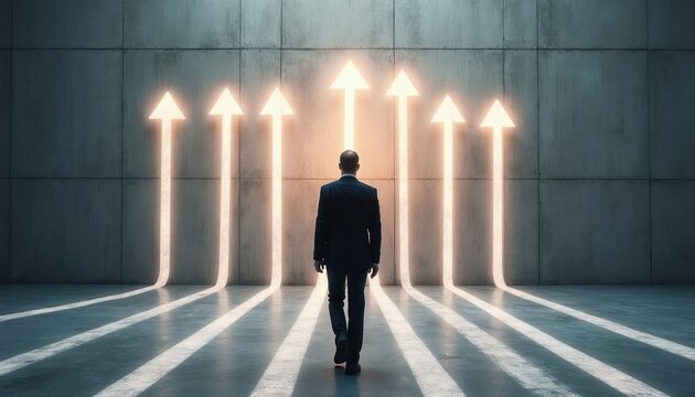 Man in suit walks toward glowing arrows indicating various directions. He contemplates career choices and future opportunities. Man faces many paths.