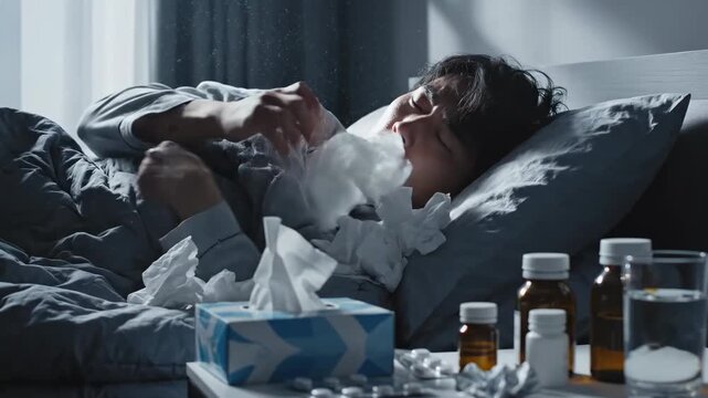 A Sick Person Lying In Bed In The Gloom, Unwell And Under The Weather.
