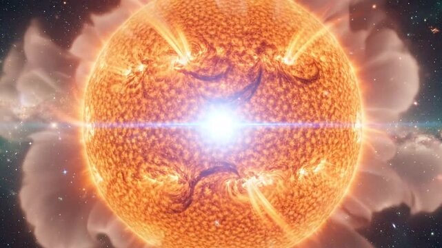 Vibrant orange sun with solar flares.