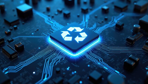 Recycle symbol on computer chip glowing blue. Futuristic circuit board with data flow connections. Electronic components on dark motherboard, clean tech concept.