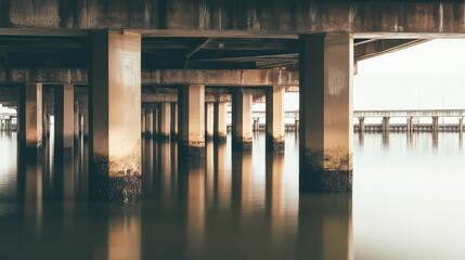 Naklejka premium Concrete bridge pillars form a rhythmic architectural pattern, their strong lines mirrored in glassy water, evoking stability, support, industry and tranquil symmetry