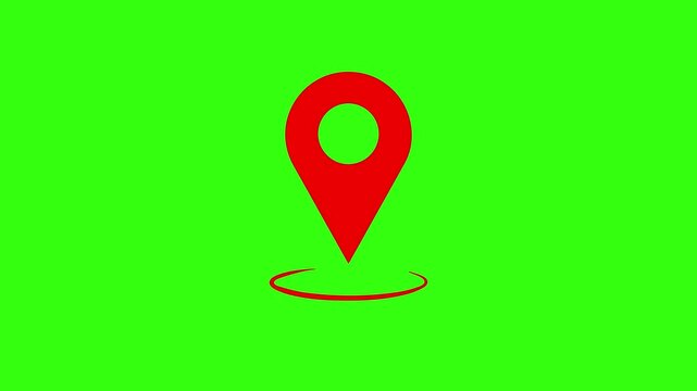 Red location pin icon animation with pulse effect on green screen background. GPS navigation and map pointer symbol
