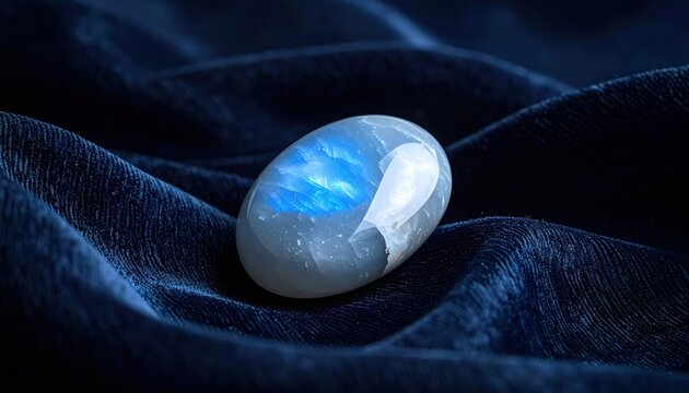 Smooth Oval Blue Moonstone Gemstone with Adularescence Displayed on Dark Velvet Fabric