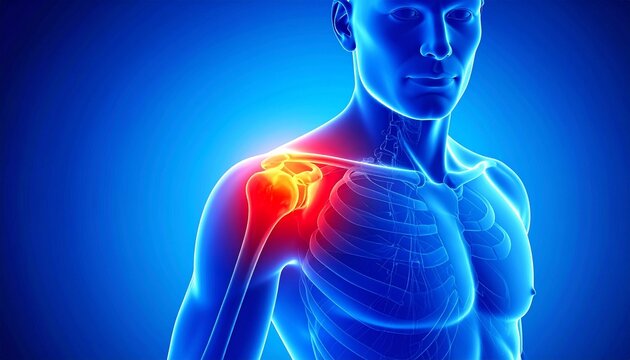 A translucent human torso highlights the shoulder joint in vivid red and yellow, symbolizing pain, inflammation, and the intricate anatomy of musculoskeletal health.