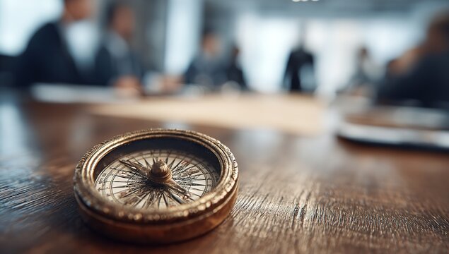 An antique brass compass rests on a polished dark wooden table while a blurred business meeting takes place in the background of a corporate office