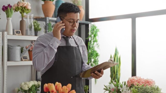 Man florist holds smartphone to ear and clipboard while checking orders in building; focused service.