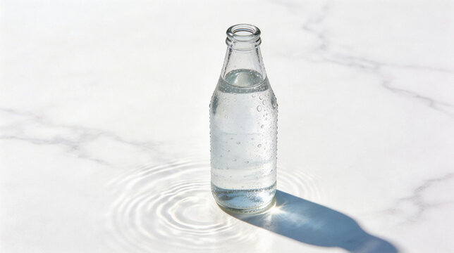 A minimalist, high-key photograph of a clear glass bottle filled with sparkling water