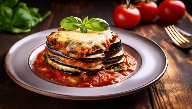 delicious eggplant parmigiana featuring layers of fried eggplant slices baked with cheese and tomato sauce add copyspace for text