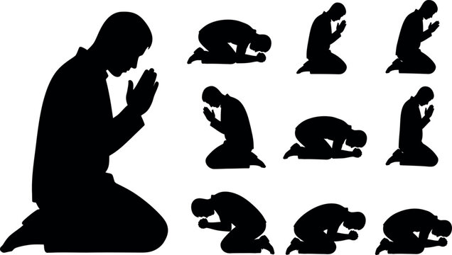 Silhouettes of a person praying in various poses a collection of devotional imagery