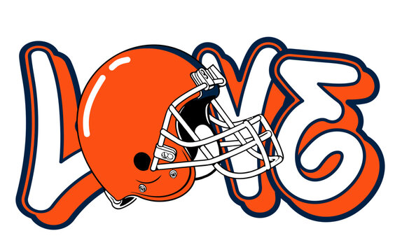 Navy and orange LOVE football sticker with bold helmet at center. Retro sport design for fan apparel, merchandise, prints and American football themed projects