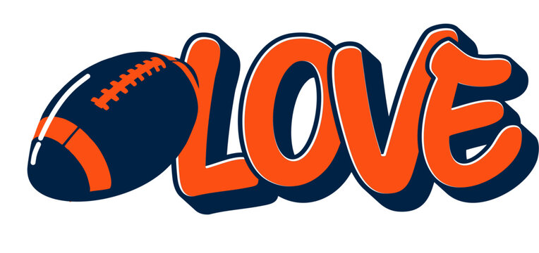 Retro LOVE football sticker featuring a navy and orange ball. Bold typography for fan merchandise, t-shirts, posters and sport-themed graphic design projects.
