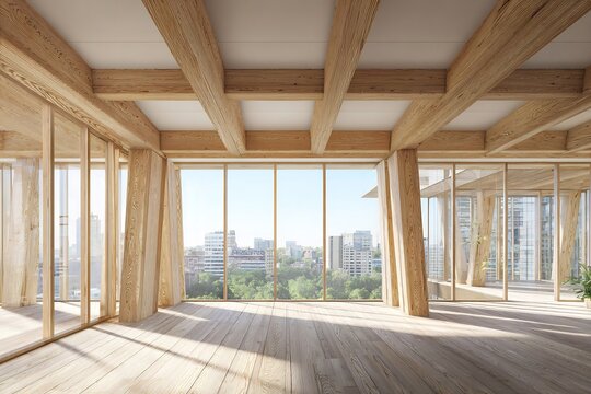Interior perspective of sustainable high rise building under construction featuring massive Cross Laminated Timber CLT structural beam wooden column instead of traditional steel Warm natural wood