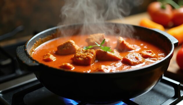 Hot curry simmers in pot. Red sauce bubles with meat pieces, fresh parsley garnish on top. Steam rises from stovetop meal. Ingredients visible.