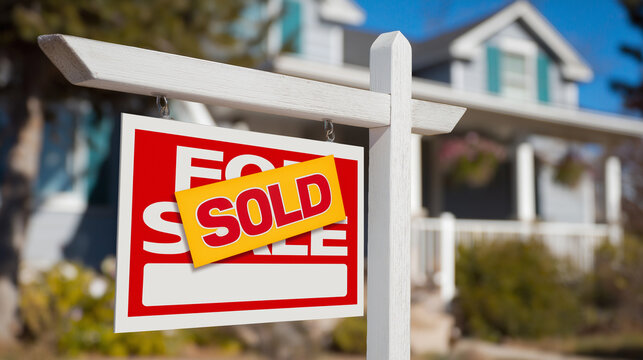 A 'For Sale' sign with a 'Sold' overlay indicating a successful real estate transaction for a house.
