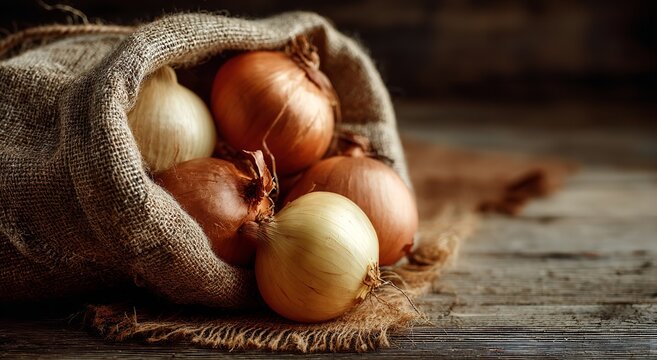 Fresh papery-skinned onions spill gracefully from a rustic coarse burlap sack onto a weathered dark wooden surface under warm moody lighting