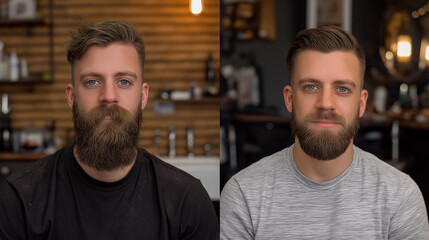 Obraz premium A captivating before and after comparison showing a man's refined beard and haircut transformation in a barbershop.
