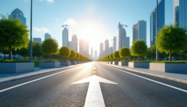 Arrow points forward on city road towards skyscrapers. Trees line path leading to bright horizon. Urban development forward direction, clear goal strategy for business success.