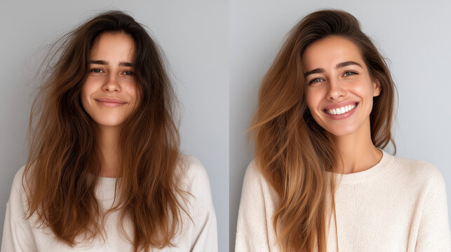 A delightful before and after comparison showing a woman's hair beautifully styled with a confident smile.