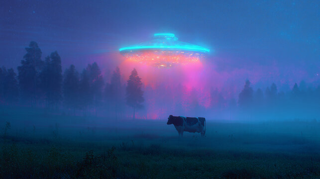 UFO abducting cow at night glowing flying saucer in surreal countryside scene