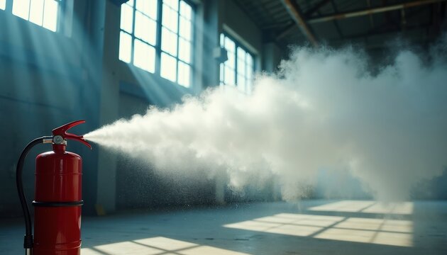 Red fire extinguisher discharges white powder in industrial building interior. Sunlight beams through large windows creating floor shadows. Safety equipment in action.