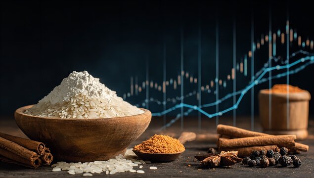 A rustic wooden bowl filled with white rice and flour sits on a dark surface alongside cinnamon sticks and an glowing digital financial chart overlay