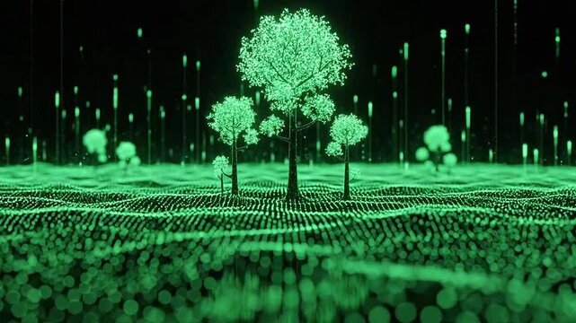 Digital trees in a futuristic green landscape.