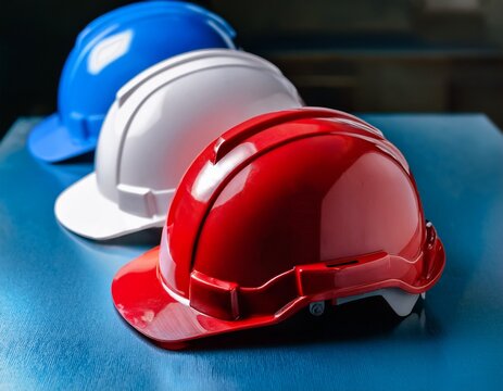 red blue and white construction helmets