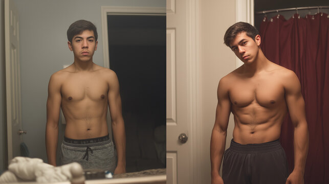 A compelling fitness transformation illustrating a young man's impressive journey from a lean to a significantly more muscular physique.