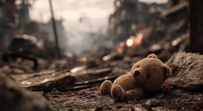 A single worn teddy bear sits abandoned on a debris strewn dusty ground amidst the ruins of a destroyed urban environment under dim grey light