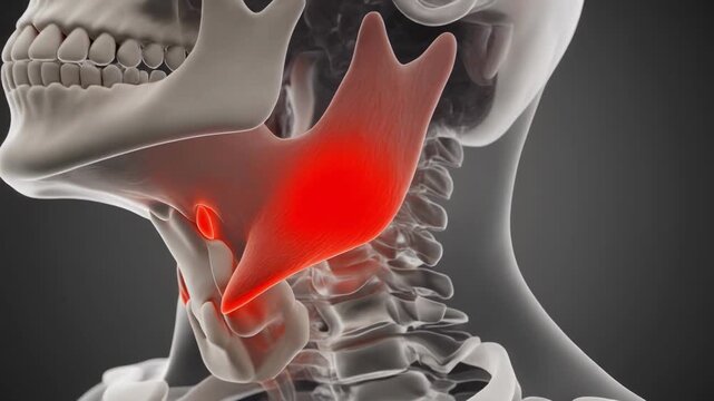 Hyoid bone anatomy within semi-transparent neck layer with visible red restriction point indicating elevation limitation for medical visualization representing swallowing dysfunction analysis