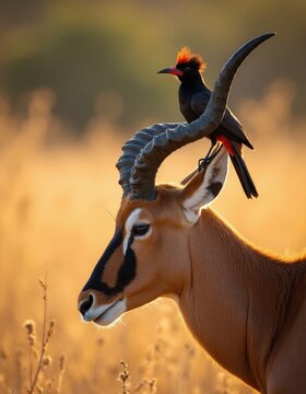 Close-up of impala ram with red-billed oxpecker bird perched on horn. Golden hour light illuminates wild savanna landscape. Peaceful coexistence in nature.