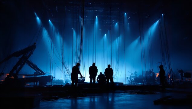 Hanging cables and rigging equipment are silhouetted against intense blue stage lights while workers prepare for a large live musical performance