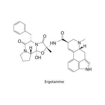 Ergotamine skeletal structure. ergot alkaloid compound schematic illustration. Simple diagram, chemical formula.
