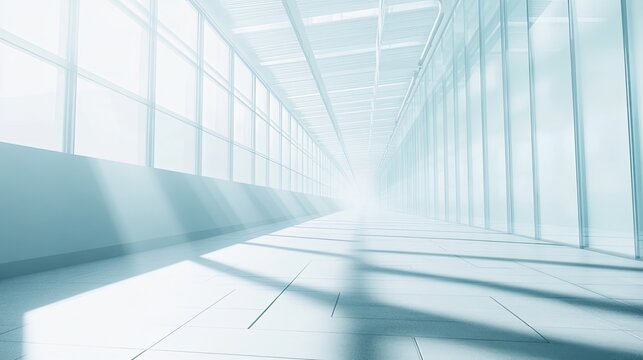 Bright, modern, and futuristic long corridor with glass walls and reflective floors creating deep perspective, suggesting progress, innovation, future, and a clear path forward