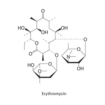 Erythromycin skeletal structure. macrolide antibiotic compound schematic illustration. Simple diagram, chemical formula.