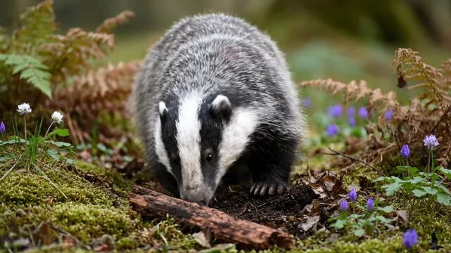 European badger foraging for food in woodland, exploring the forest floor for sustenance, surrounded by plants