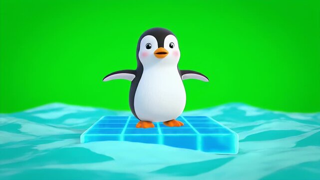 A Cheerful 3D Rendered Cartoon Penguin Stands on a Glowing Blue Ice Floe Surrounded by Wavy Teal Water Against a Vibrant Green
