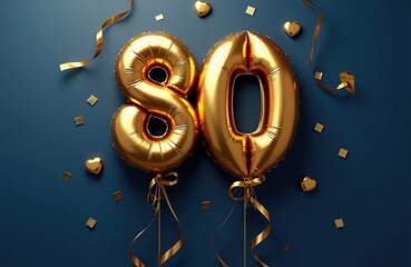 Fototapeta premium Golden number 80 balloons float against a dark blue background. Festive confetti and ribbons add to the celebratory mood, marking an important milestone or anniversary.