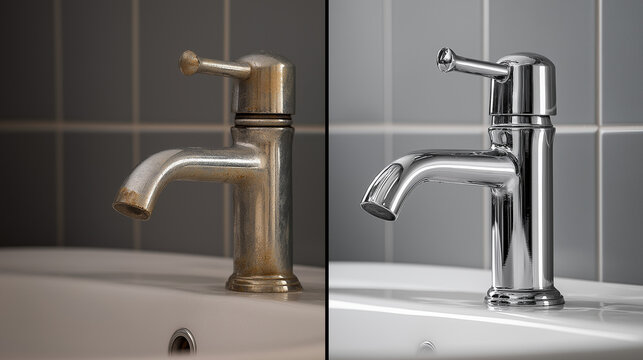A striking before and after image illustrating a bathroom faucet's transformation from tarnished and old to sparkling clean and new.