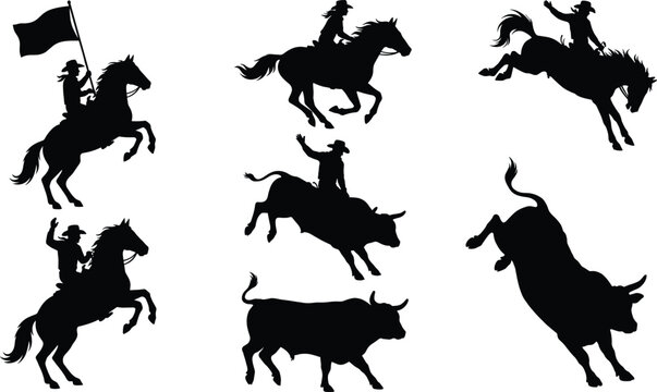 Cowboy rodeo silhouettes set with horse riding bull riding action western sport vector collection