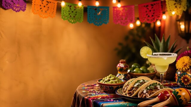 Tacos and margarita on festive table for Cinco de Mayo. Traditional Mexican food with avocado dip and maracas. Celebratory dinner party with colorful paper flags and warm ambient lighting background