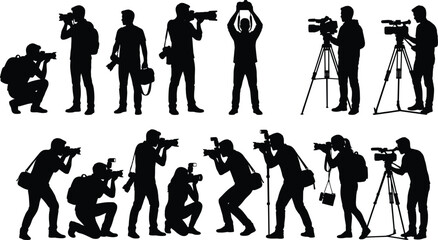 Photographer and videographer silhouettes set with camera shooting poses and film crew equipment isolated vector illustration © Manik