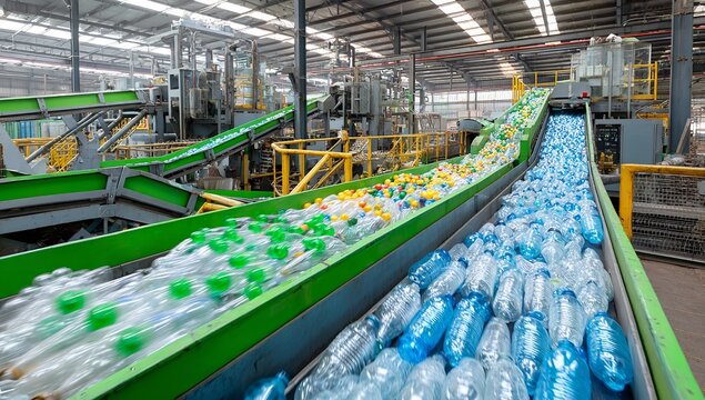 Vibrant green metal chutes efficiently channel countless clear plastic bottles onto a central sorting conveyor within a bright industrial facility
