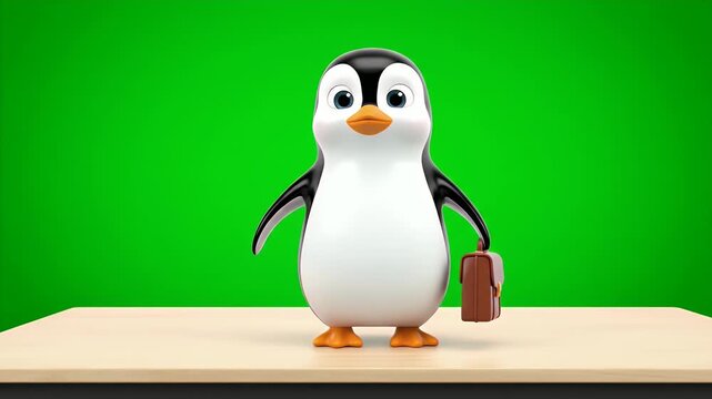 A Cute 3D Rendered Penguin Character Wearing a Suit and Carrying a Briefcase Stands on a Wooden Surface Against a Vibrant Green