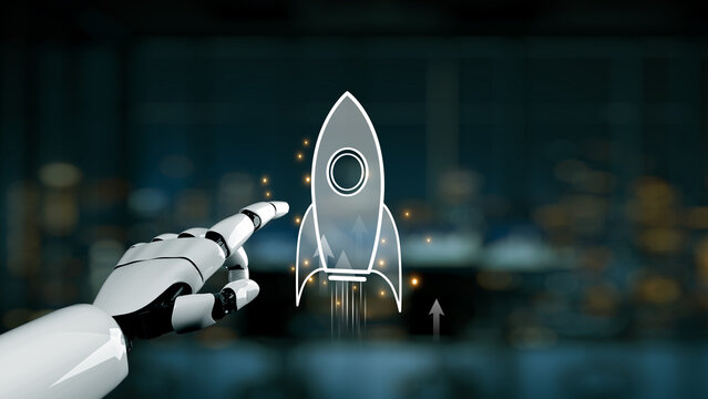 A sleek robot hand points towards a glowing rocket icon, symbolizing innovation and technological advancement in a sophisticated digital environment. Synapse