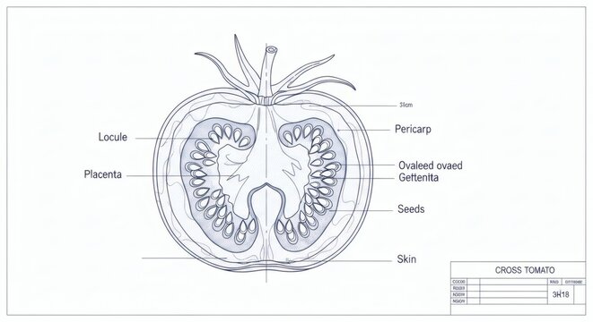 Detailed cross-section illustration of a tomato, showcasing its internal parts and labelled for educational purposes