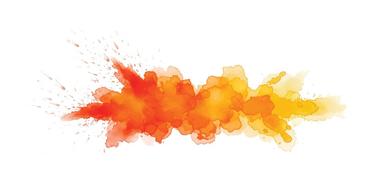 Bright orange and yellow watercolor paint splash with artistic texture and ink splatters