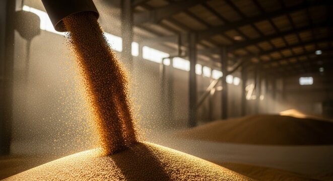 Golden grain pouring from overhead chute into warehouse, creating textured piles, agricultural abundance, copy space