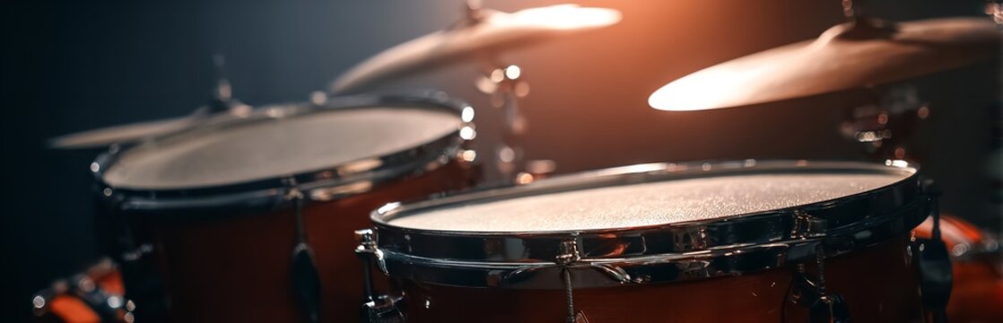 A professional drum set features metallic cymbals and textured skins illuminated by intense warm stage lighting against a dark moody background