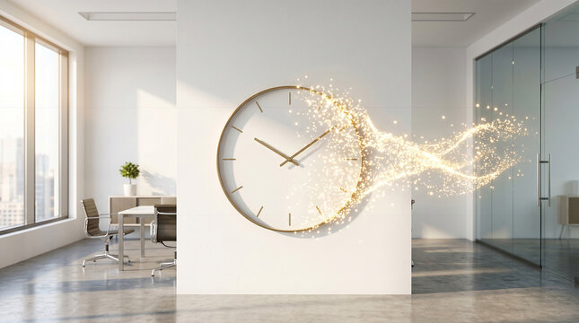 Modern corporate office interior with a wall clock dissolving into glowing golden light particles, abstract business concept of time management and innovation